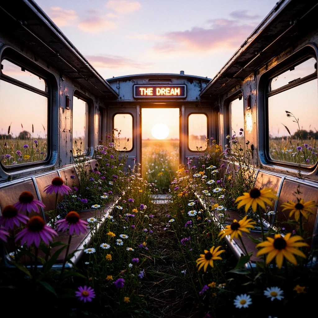 An abandoned subway car overgrown with wildflowers, framing a glowing sun beneath a sign reading THE DREAM