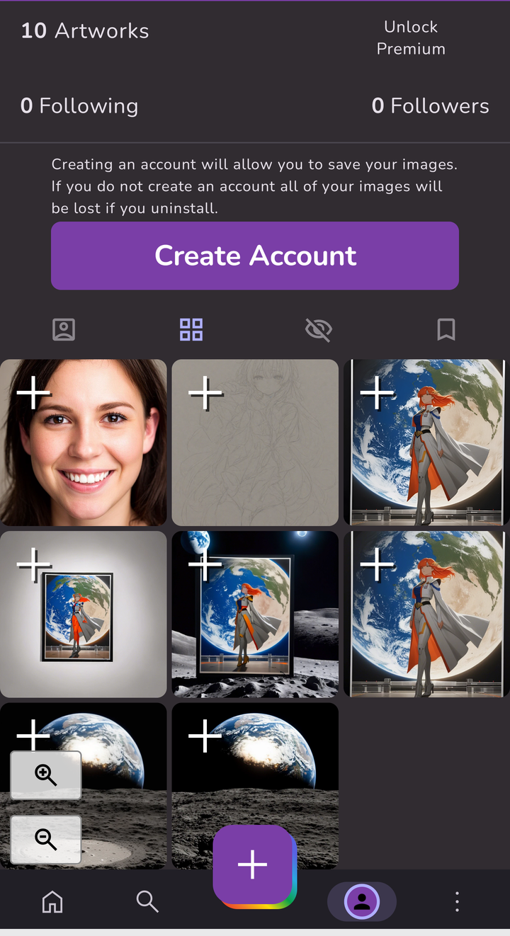 The gallery screen: gallery tabs, artwork grid, and zoom buttons in the lower-left corner
